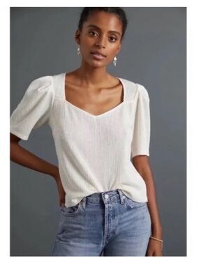Anthropologie Sunday in Brooklyn Cream Textured Square Neck Puff Sleeve Top